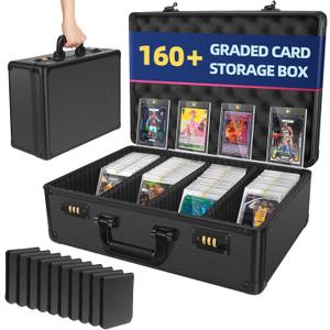 Graded Card Trading Card Storage Box with LOCK, 160+ 4 Row PSA Sports Card Slab Case with Adjustable Foam Dividers (17x11.8x6.5 inch)