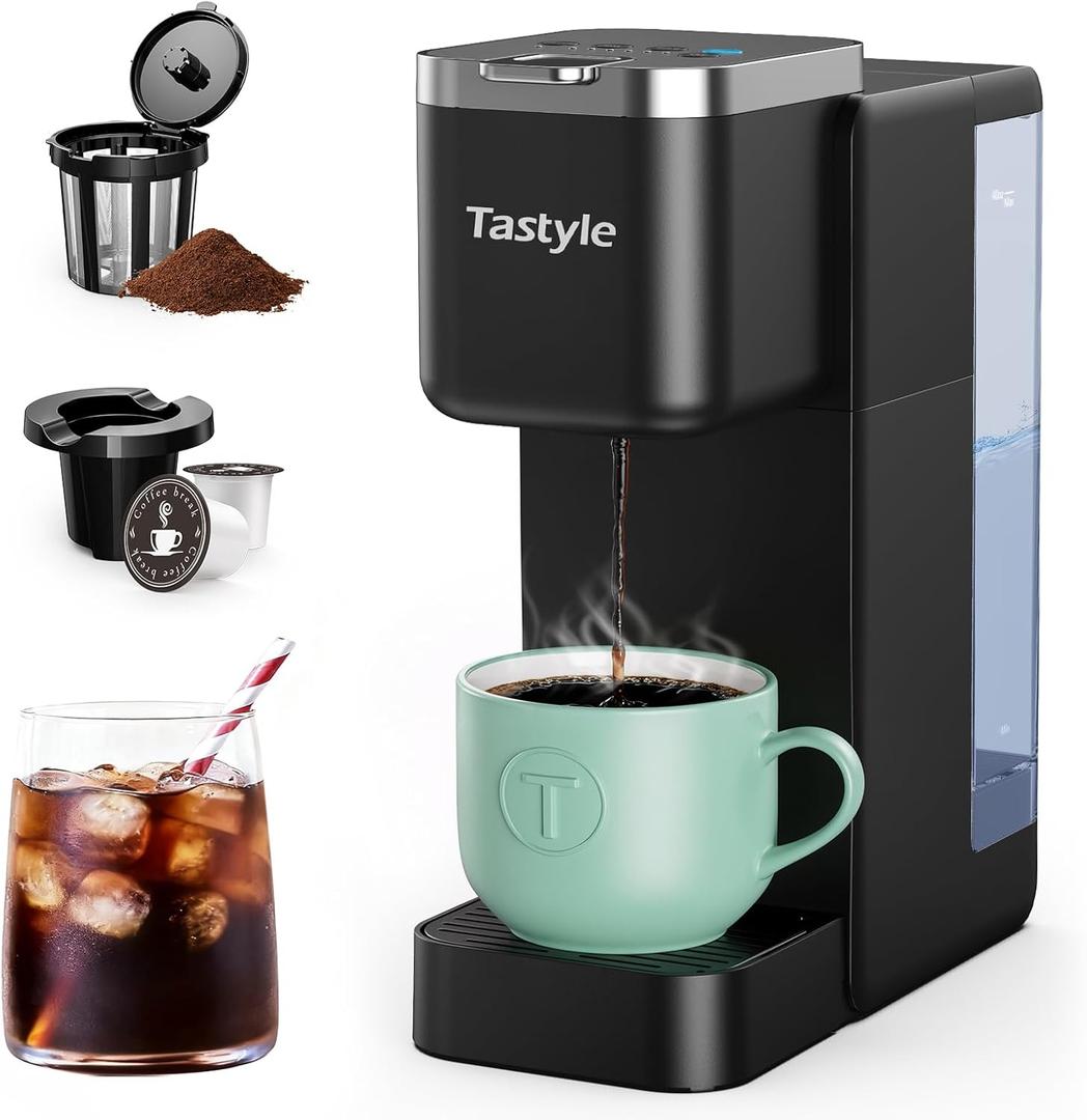 Tastyle Single Serve Coffee Maker, Iced and Hot Coffee Machine for K Cup & Grounds, Compact Design, 40oz Removable Water Reservoir, 6 to 24 Oz Brew Sizes, Fits 7.3" Travel Mug, Black