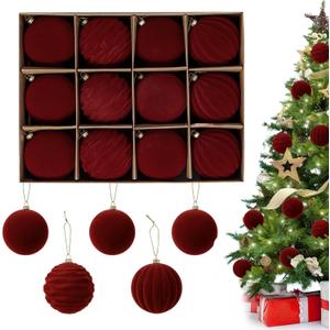 3.15inch Burgundy Velvet Christmas Ornaments Balls, 12PCS Flocked Plastic Balls Christmas Tree Decorations Xmas Hanging Ornaments (Red Wine, 3.15inch)