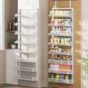 POKIPO Over the Door Pantry Organizer 8-Tier, Large Metal Door Spice Rack with Adjustable Basket, 2 in 1 Wall Mount or Hanging Heavy-Duty Pantry Door Storage Shelf for Kitchen and Bathroom, White