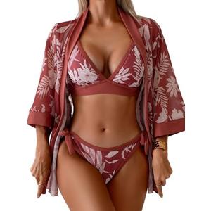 Aidonger Women's Bikini Sets V Neck Three Piece Swimsuit with Mesh Cover Up Cross Back Tie Straps Kimono Bathing Suit XL