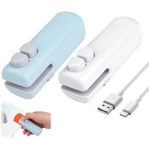 Mini Bag Sealer with Cutter and Magnet, 3-in-1 Rechargeable Magnetic Food Sealer & Cutter, USB Portable Handheld Heat Sealing Tool for Snacks, Chips, Vegetables to Keep Food Fresh (White+Blue,2PCS)
