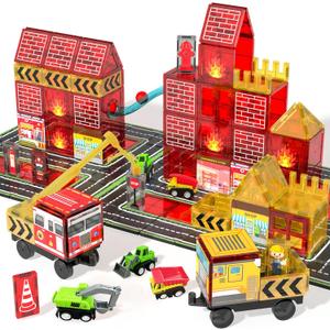 Magnetic Tiles for Kid, 56PCS Construction Magnet Tiles with Fire Truck & Station, Building, Road, Crane, and Car Truck - STEM Magnetic Blocks for Kids Ages 4-8, Toys for 4+ Year Old Boys Gifts