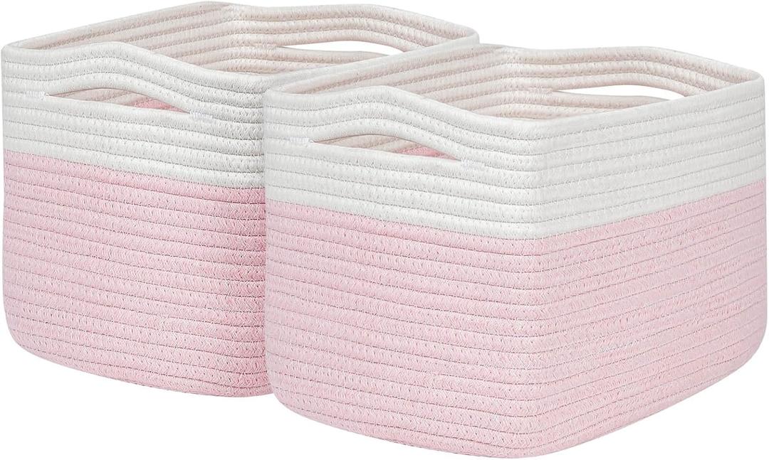 Pink Girls Baby Nursery Rope Toys Baskets , Decorative Woven Storage Baskets for Gift, Cubes Storage Organizer Baskets Bins, Closet Shelf Storage Baskets for Organizing (2pcs-13"D x 10"W x 8.26"H, Off White&Mixed Pink)