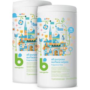 Babyganics All Purpose Surface Wipes, Fragrance-Free, 75 Count Plant Based and Non-Abrasive, No Ammonia, No Bleach (Pack of 2)