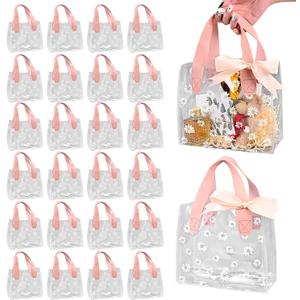 TSAZZZ 48 Pcs Clear Daisy Gift Bags With Handles Plastic PVC Goodie Bags With Ribbon Small Gift Bag For Wedding Birthday Baby Shower Party Valentines Pink (7.8"*7"*3.9")