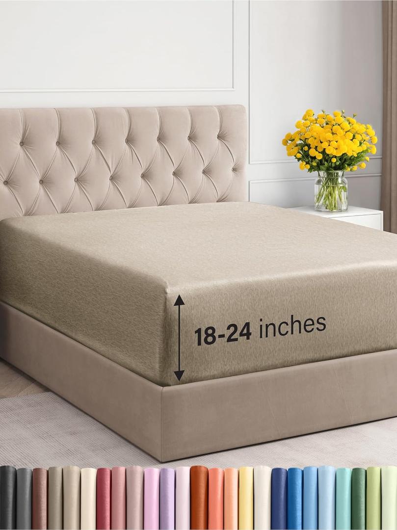 Extra Deep King Fitted Sheet - Hotel Luxury Single Fitted Sheet Only - Easily Fits 18 inch to 24 inch Mattress - Ultra Soft, Wrinkle Free w/Extra Deep Pockets - Breathable & Comfy - Heathered Beige (12 - Heathered Beige)