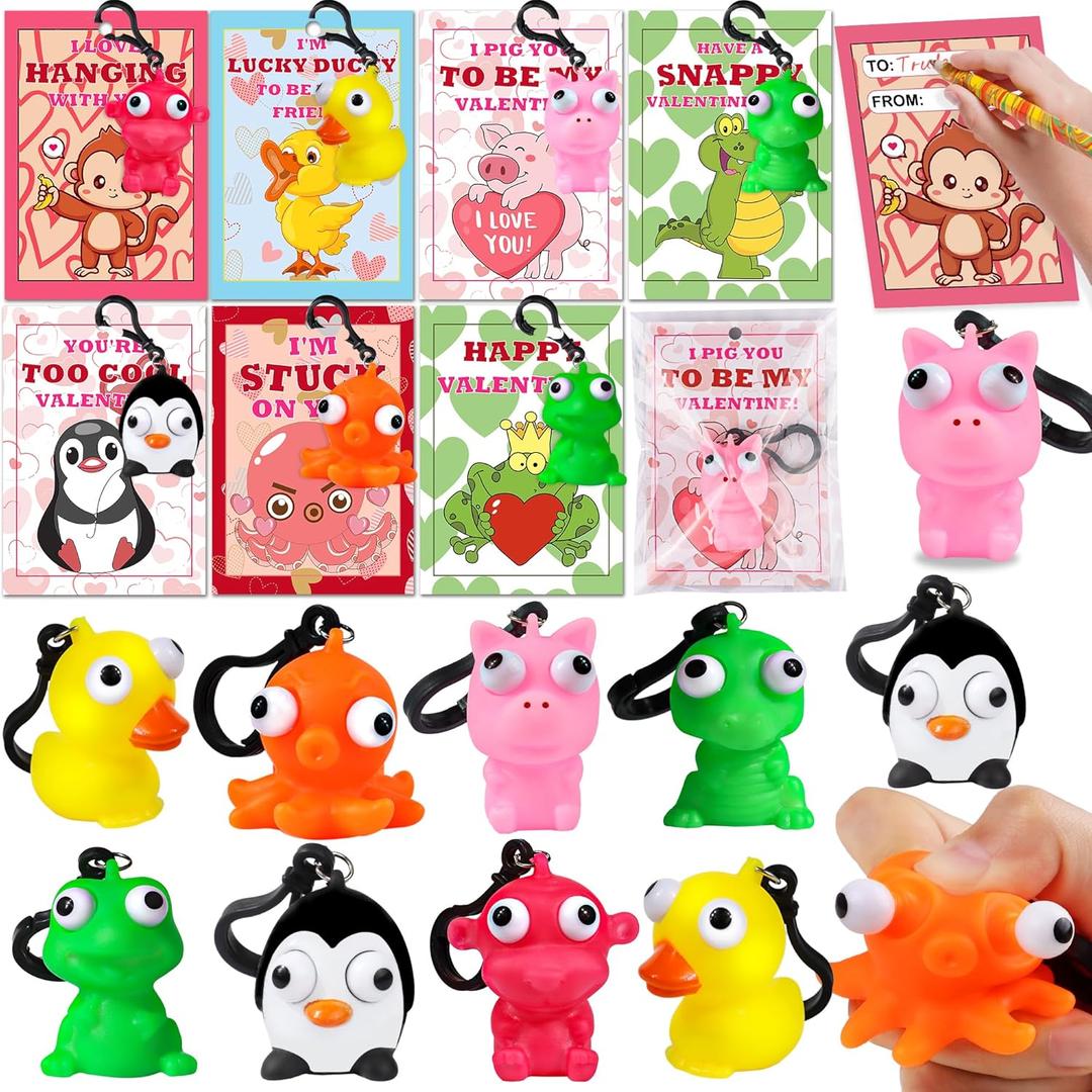 28 Pack Valentines Day Gifts for Kids Classroom Valentines Cards for Kids School Squeeze Fidget Toys Popping Eye Animal Keychain Boys Girls Class Valentines Exchange Cards Valentine Party Favor Prizes,Style A