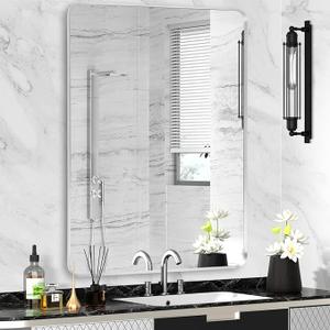 Minuover Silver Framed Bathroom Mirror, Brushed Nickel Large Rounded Corner Rectangle Wall Mirror, Tempered Glass, Shatter Proof, Anti-Rust, Hangs Horizontally or Vertically (28" x 36", Silver)