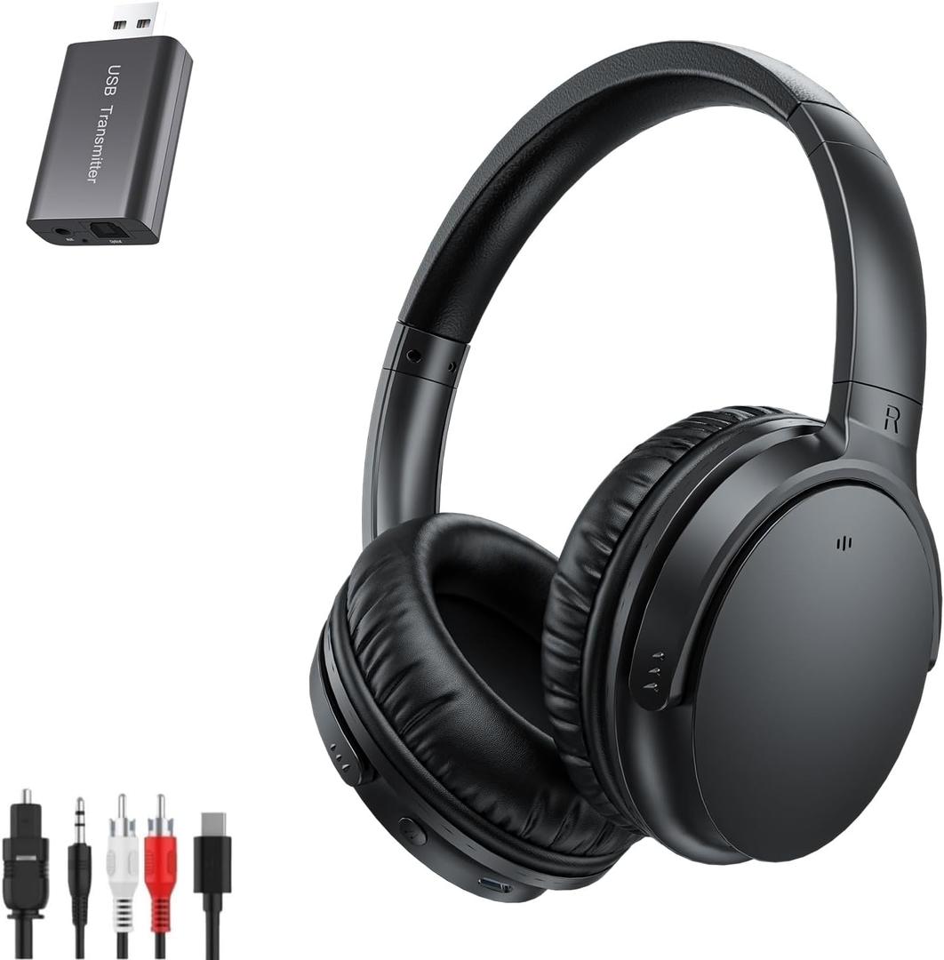 2025 Upgrade Wireless TV Headphones,No Volume Button Design Headsets for Seniors,TV Headphones with Strong Signal Transmitter,Plug and Play,No Audio Delay,Compatible with All TVs (Optical/AUX/RCA/USB)
