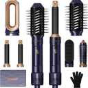 Blow Dryer Brush, 6 in 1 Auto Air Curling Iron Set 3 Temperature 1000W Powerful Negative Ionic Hair Dryer Brush Set with Thermal Brush, 60000RPM Hot Air Brush, Left&Right Curler Wand (Golden Blue)