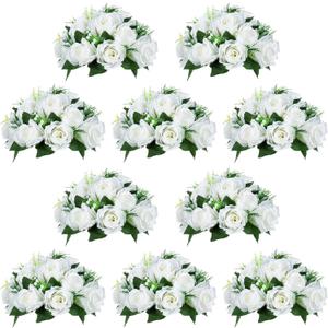 NUPTIO 10 Pieces White Fake Flower Ball Arrangement Bouquet 15 Heads Plastic Roses with Base, Suitable for Wedding Centerpiece Flower Rack for Parties Home Dcor
