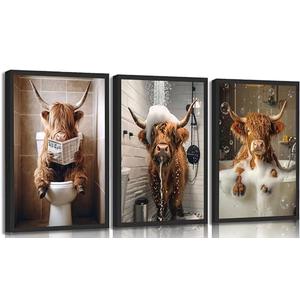 3pcs Funny Bathroom Highland Cow Canvas Wall Art Cute Cow Animal Posters Prints Paintings Highland Cattle Sitting On Toilet And Reading Newspaper Wall Decor Pictures for Restroom Decor Unframed