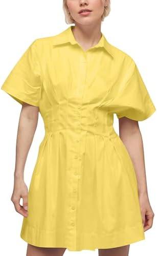 Women Summer Short Sleeve Button Front Pleated Shirt Dress Striped Collar V Neck Casual Y2k Swing Short Mini Dress, L