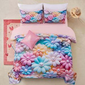 A Nice Night Stunning Blooming 3D Flower Floral Comforter Sets, with Pearl Flower Core Pattern Bedding Set for Girls Twin Size, Ultra Soft Bedding Sets (BluePurple, Twin 6Pcs)