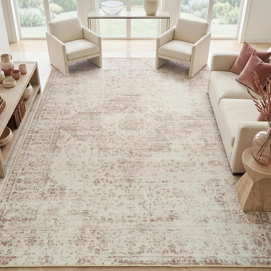 Washable Rugs 8x10 Area Rugs for Living Room, Large Neutral Rugs for Bedroom, Soft Vintage Dining Room Rug, Low Pile Non Slip, Boho Print Carpet for Nursery Playroom Kitchen Home Office-Beige 8'x10'