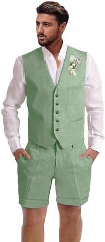 Dsteng Mens Linen Suit 2 Piece Short Suits for Men Casual Summer Beach Wedding Suit Linen Vest Shorts Set Medium (Sage Green)