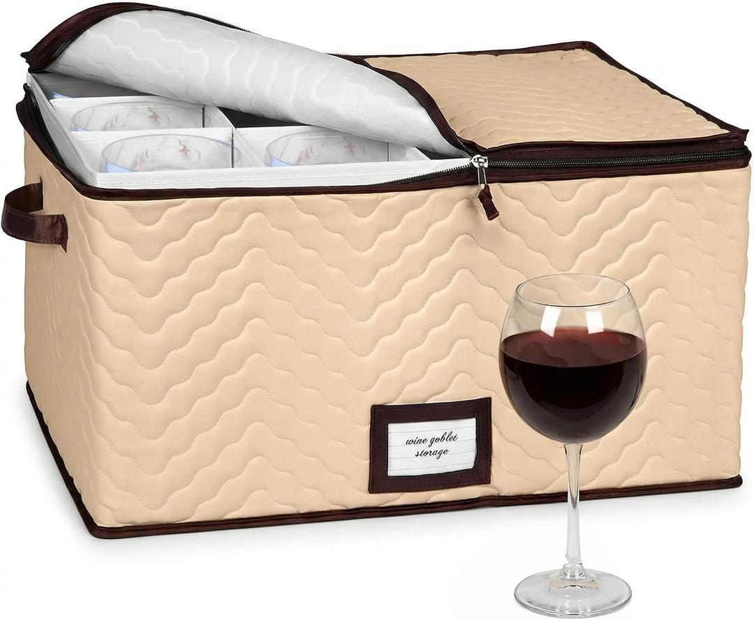 Wine Glass Storage Box with Dividers - Stemware Storage Case, Durable Quilted Microfiber Bin with Carry Handles, Protects Fine China - (1 Pack, Red Wine Glass)