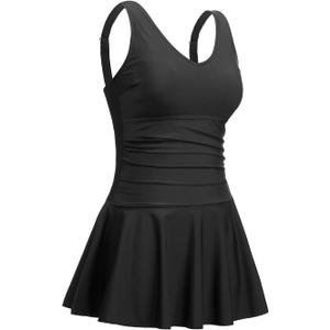 Yonique One Piece Swimsuits for Women Modest Tummy Control Swimdress Vintage Bathing Suits Skirt Swimwear, Large, Black, Size 1 