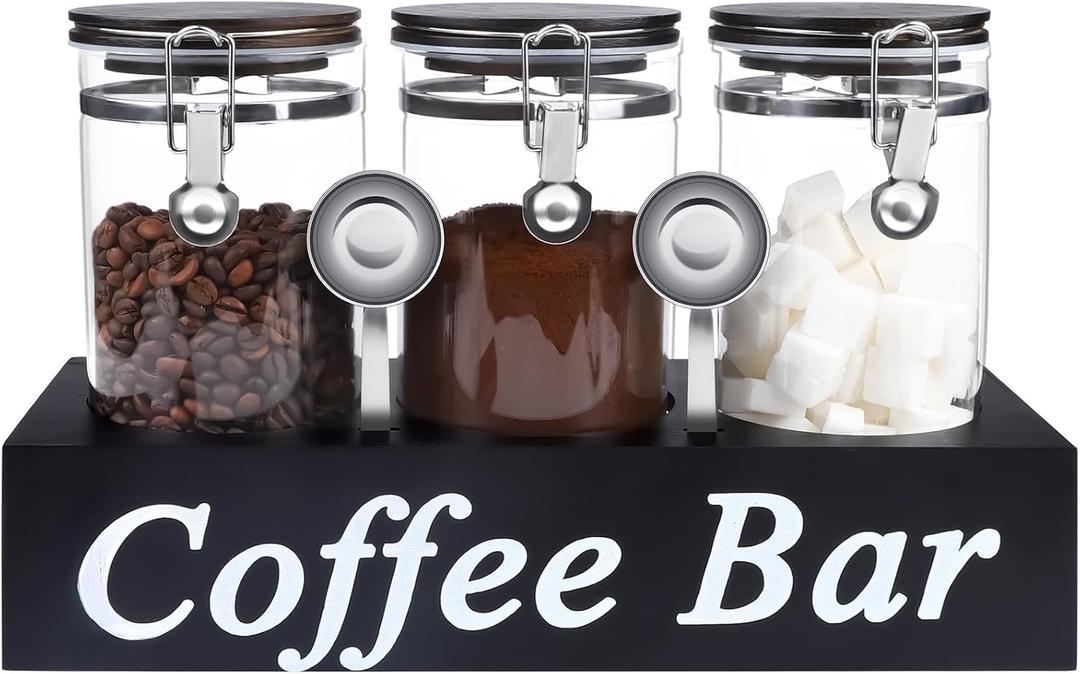 WYTAOHZL 3PCS Glass Coffee Containers with Shelf 54 oz Coffee Station Organizer Glass Bean Storage with Spoon Canister Set Jars with Airtight Locking Clamp for Bean Sugar Nuts