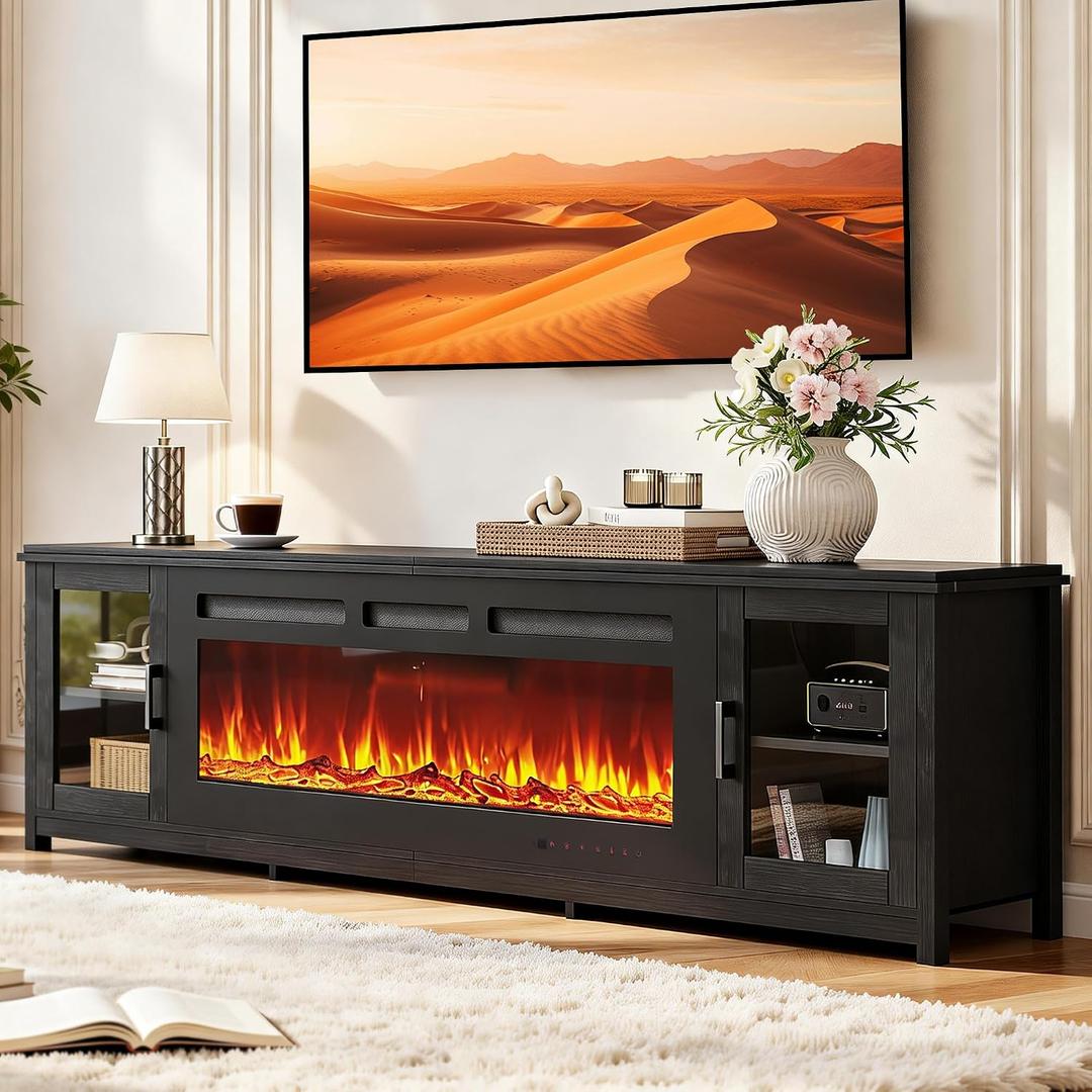 80" Fireplace TV Stand, 50 LED Electric Fireplace with WI-FI Enabled, Modern Entertainment Center Media Console with Adjustable Shelf & Glass Door for Living Room, Black