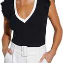 BONITEE Women Summer Ruffle Tops Sexy Deep V Neck Short Sleeve Shirts Trendy Casual Ribbed Slim Fitted Knit Tees Blouse, L