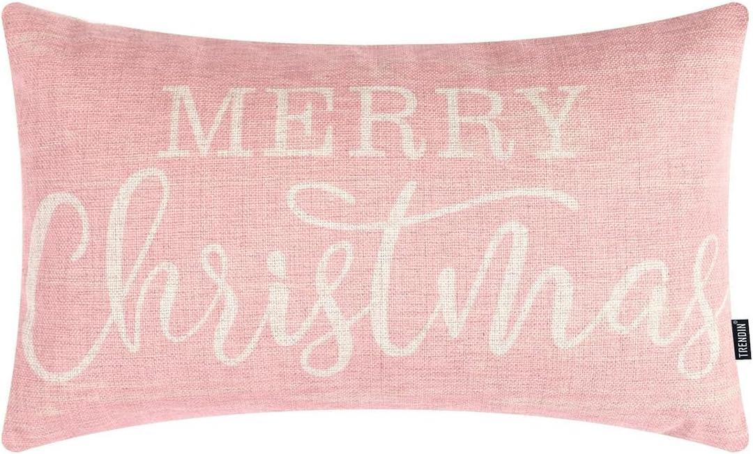 TRENDIN Christmas Decor Throw Pillow Cover 12x20 Merry Christmas Decoration Lumbar Linen Cushion Cover Couch Pillow Case for Sofa Home and Car Pink PL1078TR