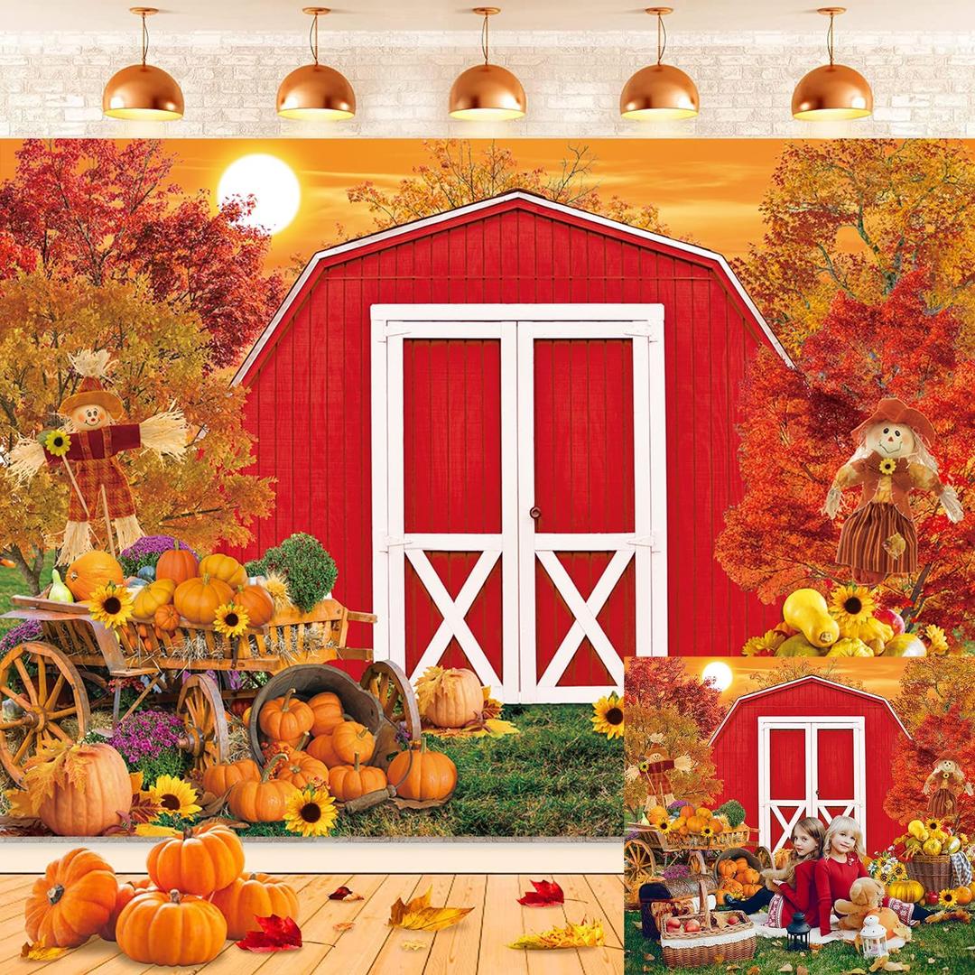 Fall Red Farm Backdrop Autumn Harvest Pumpkin Maple Leaves Scarecrow Photography Background Thanksgiving Day Friendsgiving Baby Shower Family Birthday Party Decoration Banner Photo Props (7x5FT)