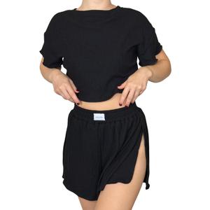 Cotton Blend Split Leg Pjs for Women 2 Piece Soft Pajama Set for Women Black Lounge Set Top and Shorts Matching Set (Medium)