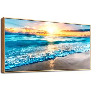 MHARTK66 Large Canvas Wall Art - Blue Beach Scenery for Living Room, Bedroom, Modern Office Decor - Wood Framed, Ocean Seascape Wall Pictures (48"L x 24"W)