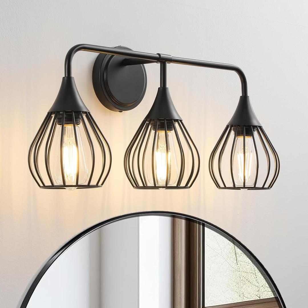 Modern Farmhouse Bathroom Light Fixture Over Mirror Black 3 Light Vanity Light with Elegant Teardrop Cage Industrial Bathroom Wall Light