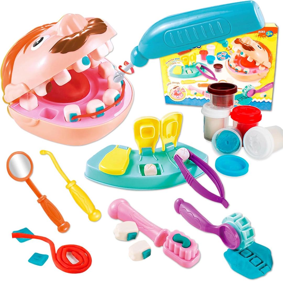 Dentist Color Dough Set, Dental Tools Kit Drill and Fill, Doctor DIY Playset Toys for Kids Toddlers 3 Years and Up, Art & Craft Gift with Moulds, Models, 5 Non-Toxic Color