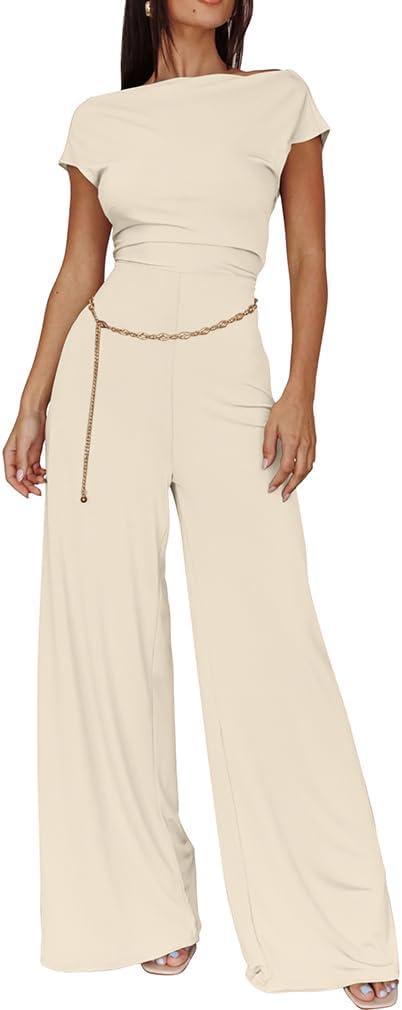 XXTAXN Women's Caual Fashion Crew Neck Short Sleeve Ruched Waist Backless Tie Wide Leg Long Pant One Piece Jumpsuit (L)