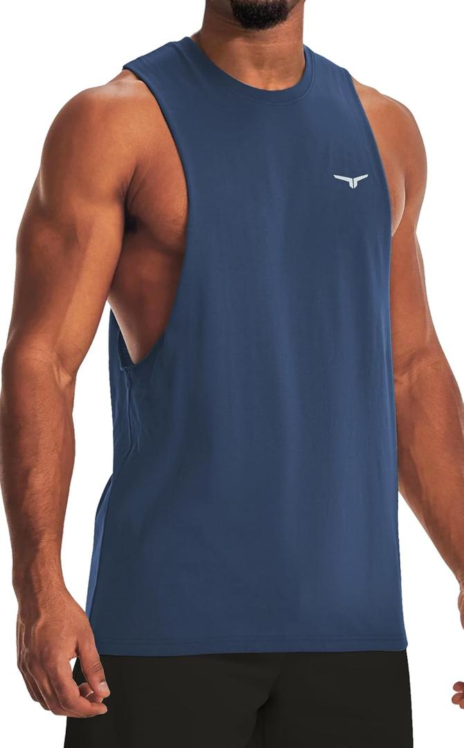 Men's Belief Drop Arm Tank Top Sleeveless Muscle T Shirts Gym Workout Stringers (Medium, Navy Blue)