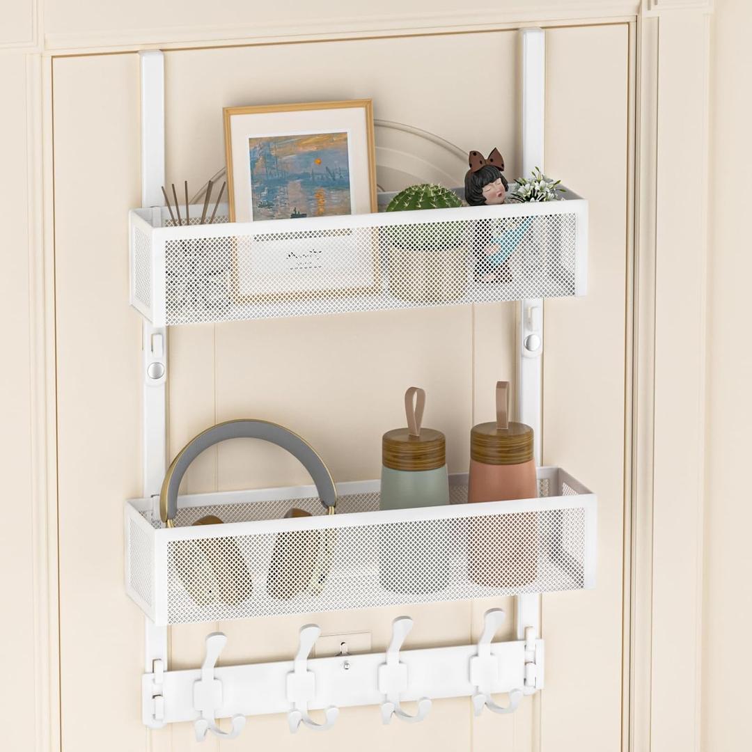 Over The Door Hooks Organizer, Door Hanger Towel Rack with 2 Baskets, Adjustable Over The Door Coat Rack, Back of Door Storage for Bedroom, Kitchen, Bathroom (White)