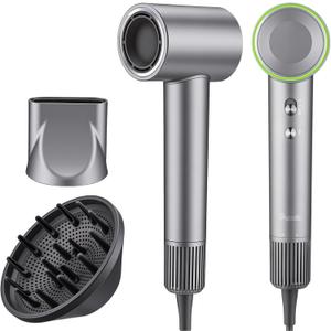 High Speed Ionic Hair Dryer, 160,000 RPM Brushless Motor for Fast Drying, 3.7 Billion Negative Ions for Smooth Hair, Low Noise Portable Blow Dryer with Diffuser & Concentrator, Grey