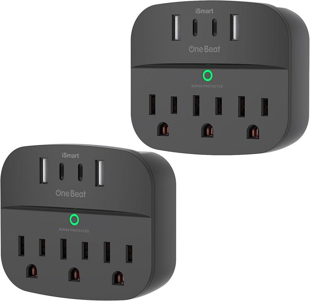 2 Pack Multi Plug Outlet Splitter with USB, Surge Protector Outlet Extender with 3 Wall Outlets 4 USB Wall Charger(2 USB C), 490 Joules, ETL Listed, Small Outlet Adapter Plug Extender for Travel,Black