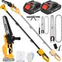 2-in-1 Electric Pole Saw for Tree Trimming, 6& 8Cordless Mini Chainsaw with Extension Pole, Battery Powered Hand Held Saw with Brushless Motor & 2 x 21V Batteries for Garden Wood Cutting