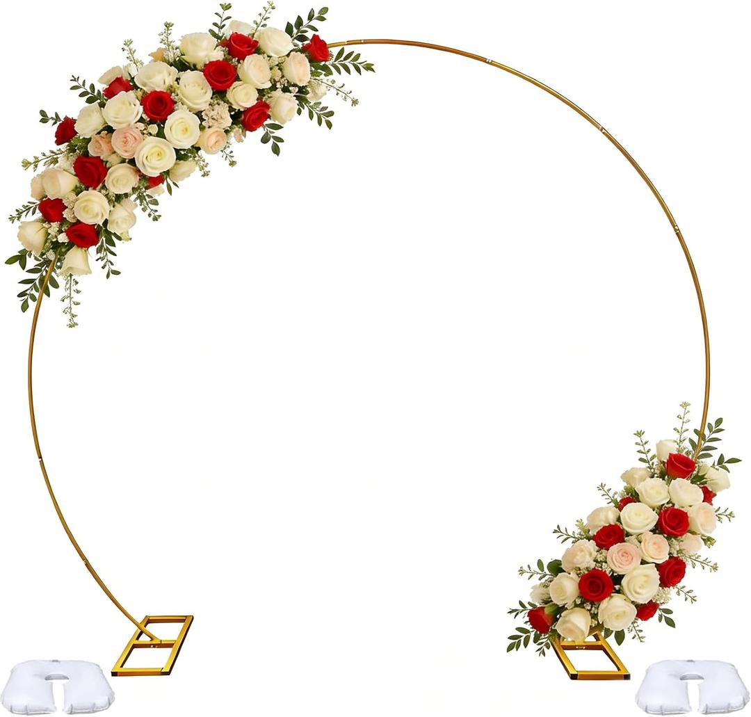 8FT Gold Round Backdrop Stand Large Circle Metal Floral Balloon Frame Wedding Arch Stand for Wedding, Birthday Party, Baby Shower, Graduation, Anniversary, Candy Tables Celebration