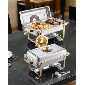VEVOR Chafing Dish Buffet Set,8 Qt 2 Pack, Stainless Steel Chafer with 4 Half Size Pans, Rectangle Catering Warmer Server with Glass Lid Water Pan Folding Stand Fuel Holder, for Wedding Party Banquet (Gold)