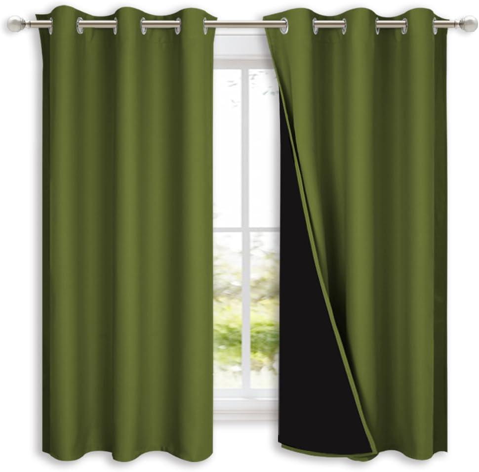 NICETOWN 100% Blackout Short Curtains with Black Liners, 2 Panels, 37" W by 40" L, Olive Green, Solid Thermal Insulated Full Blackout 2-Layer Lined Drapes, Energy Efficiency Window Drapes for Bedroom