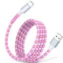USB A to USB C Cable 3FT,Beaded Charger Cord for iPhone 17 16 Pro Max 15 for Carplay,Type C Cute Car Charger Cord for iPad 10 11th A16/Samsung S26 S25 S24 S23/Pixel/Android Phone Girls Women,Link-Pink