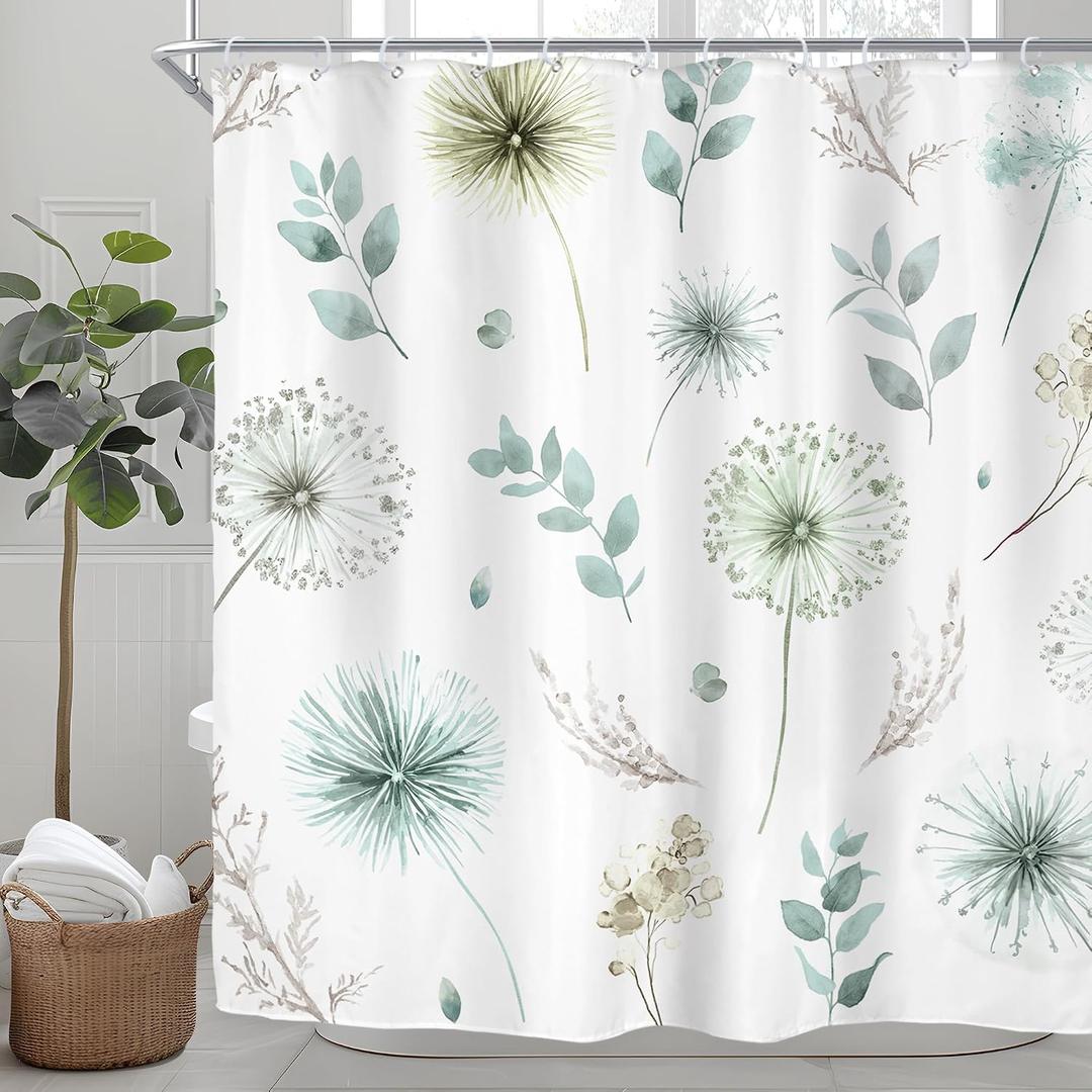 Dandelion Botanical Shower Curtain for Bathroom Decor 72Wx72H Plants Eucalyptus Sage Green Leaf Watercolor Spring Botany Nature Art Printed Fabric Polyester Waterproof 12 Pack Plastic Hooks
