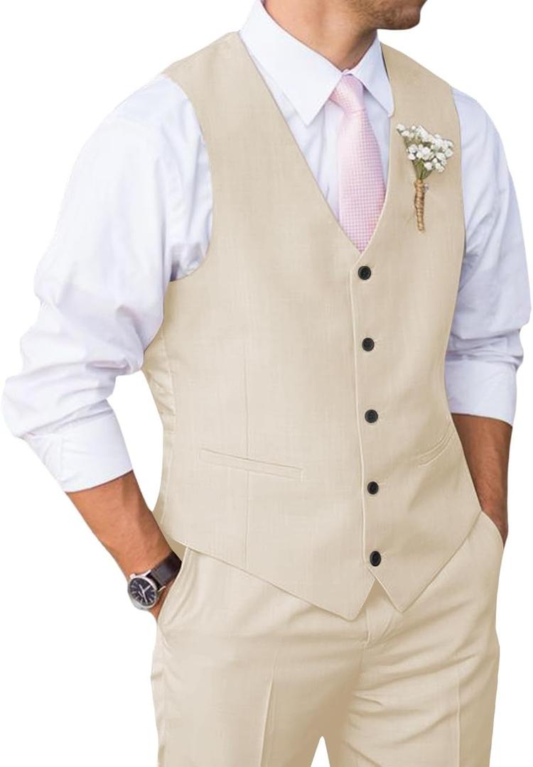 Mens Suit 2 Piece Slim Fit Suit for Men Vest Pants Suit Set for Wedding Groom Formal Business (Medium, Beige)