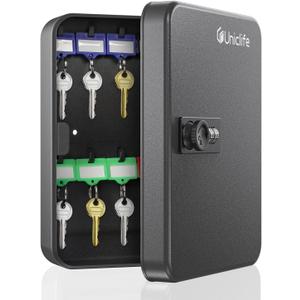 Uniclife 20 Position Key Cabinet with Combination Lock Resettable Black Digital Security Storage Box Steel Key Organizer with Colorful Key Tag Labels Stickers and Hooks
