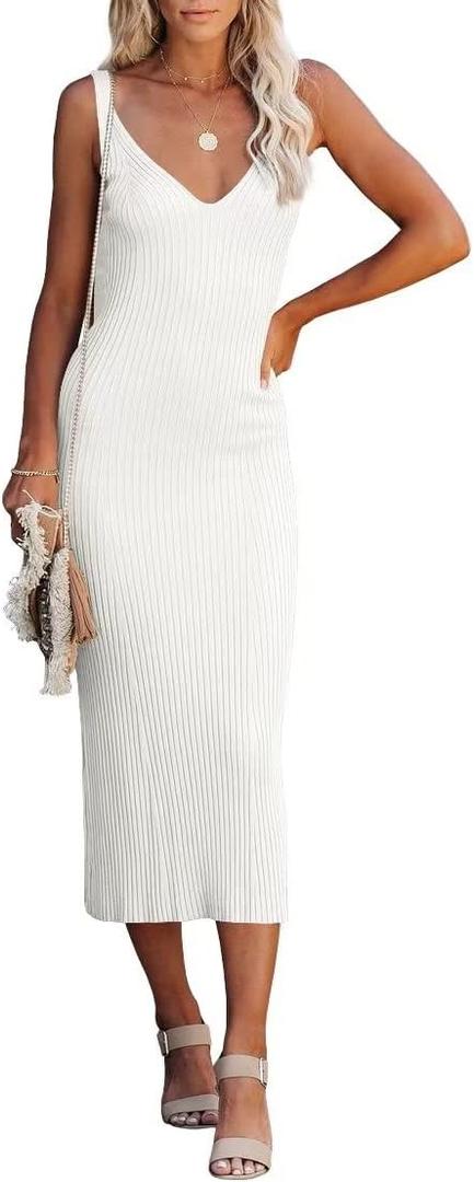 Lacozy Womens Bodycon Midi Dress Sexy V-Neck Sleeveless Ribbed Sweater Dress Casual Tank Knit Dresses White S