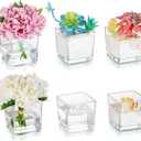 Square Glass Vases Set of 6  Hewory 5"x5" Clear Cube Flower Vase Candle Holders for Wedding Centerpieces Home Decor Events Party Ceremony (Not Include Flower and Candle)