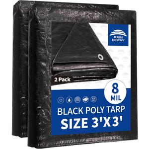 RAINDEWAY Small Black Tarp 3x3 Feet (2 Pack),UV Resistant, Multipurpose Medium Duty Waterproof Poly Tarps, Tent Tarp,Cover with Metal Grommets and Reinforced Edges, Finished Size