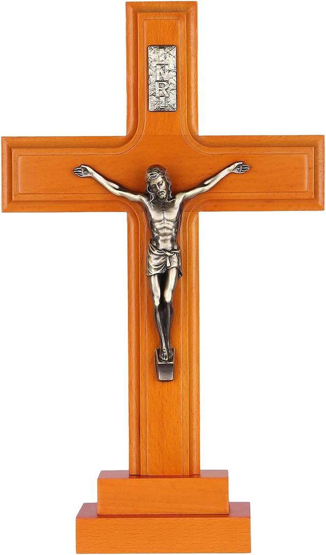 Pietism Crucifix Wall Cross, 12 Inch Handmade Wooden Jesus Christ Wall Crucifix with Stand for Christmas Gifts and Home Decor