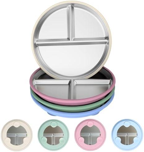 4 Pack Stainless Steel Baby Plates with Suction , 9” Toddler Divided Plates with Removable Anti-Slip Silicone Suction, 100% Food-Grade Material, Non Toxic&BPA Free, Kids Snack Dishes, Dishwasher Safe